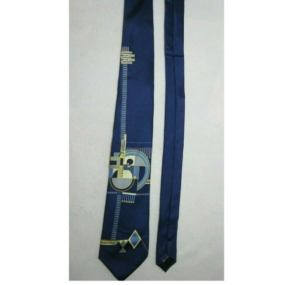 FRANK LLOYD Tie Fireplace Relief Hollyhock House 100% Silk Blue Abstract - Picture 3 of 9